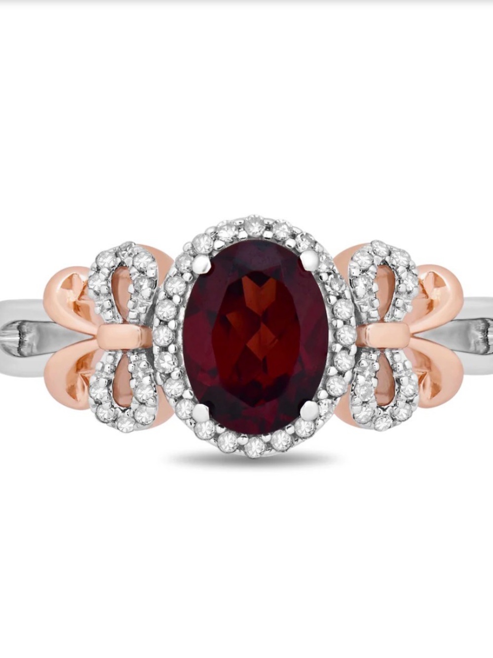 Disney’s Snow White Oval Garnet Halo Bow Ring in Rose Gold and Silver